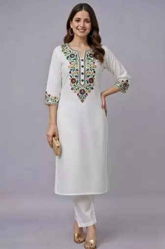White embroidered rayon kurta set