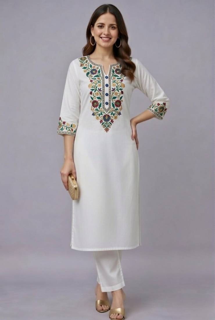 White embroidered rayon kurta set
