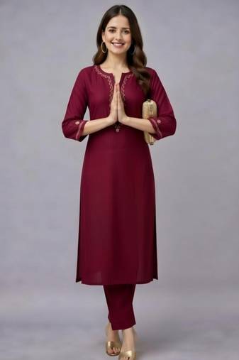Maroon embroidered rayon kurta set