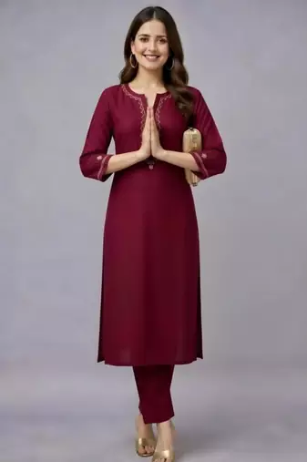Maroon embroidered rayon kurta set