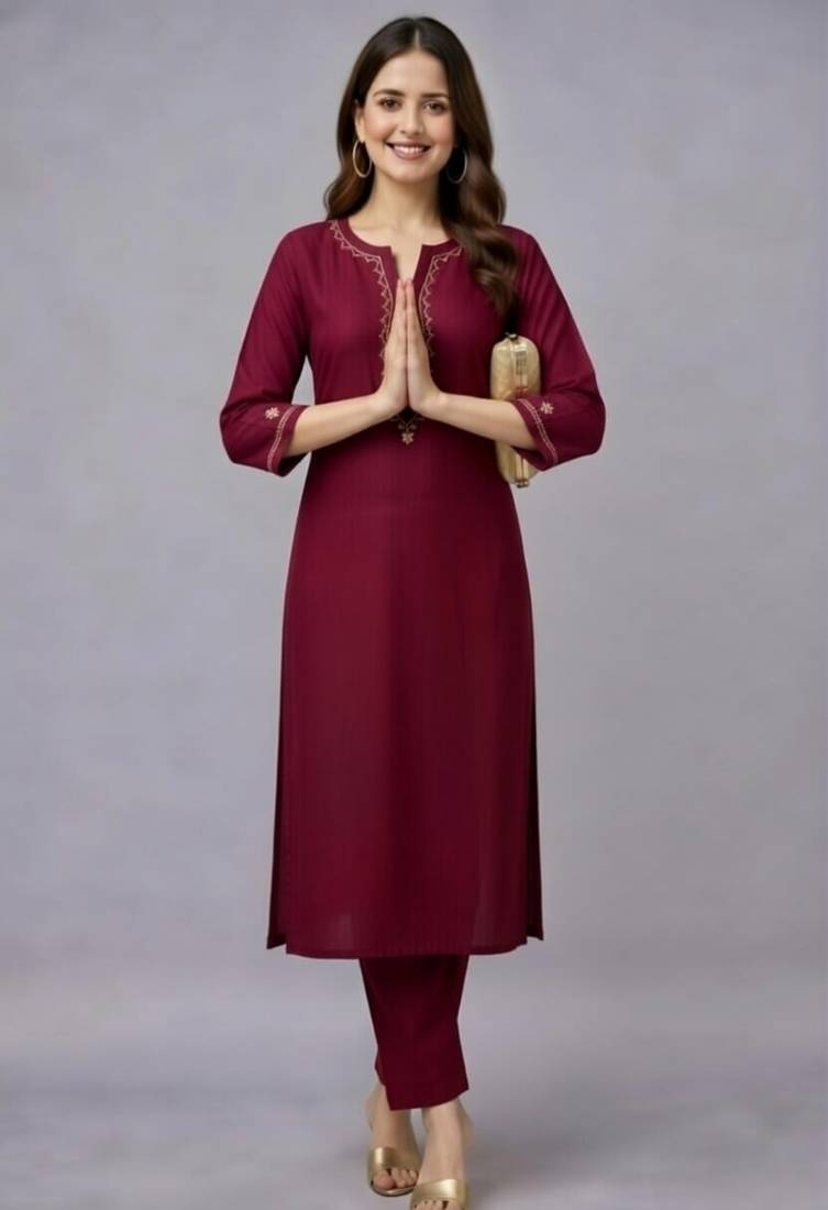 Maroon embroidered rayon kurta set