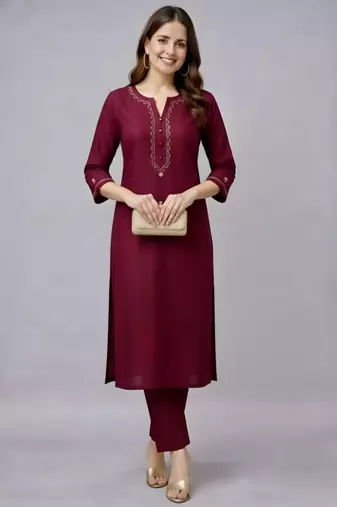 Maroon embroidered rayon kurta set