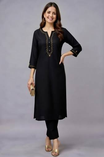Black embroidered rayon kurta set