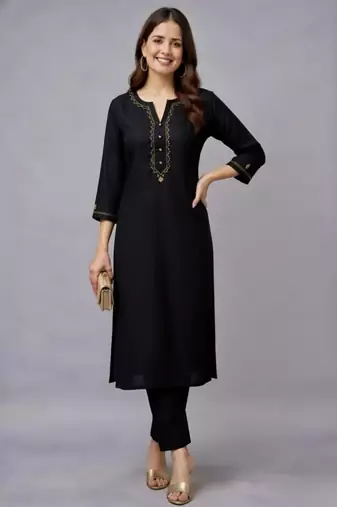 Black embroidered rayon kurta set