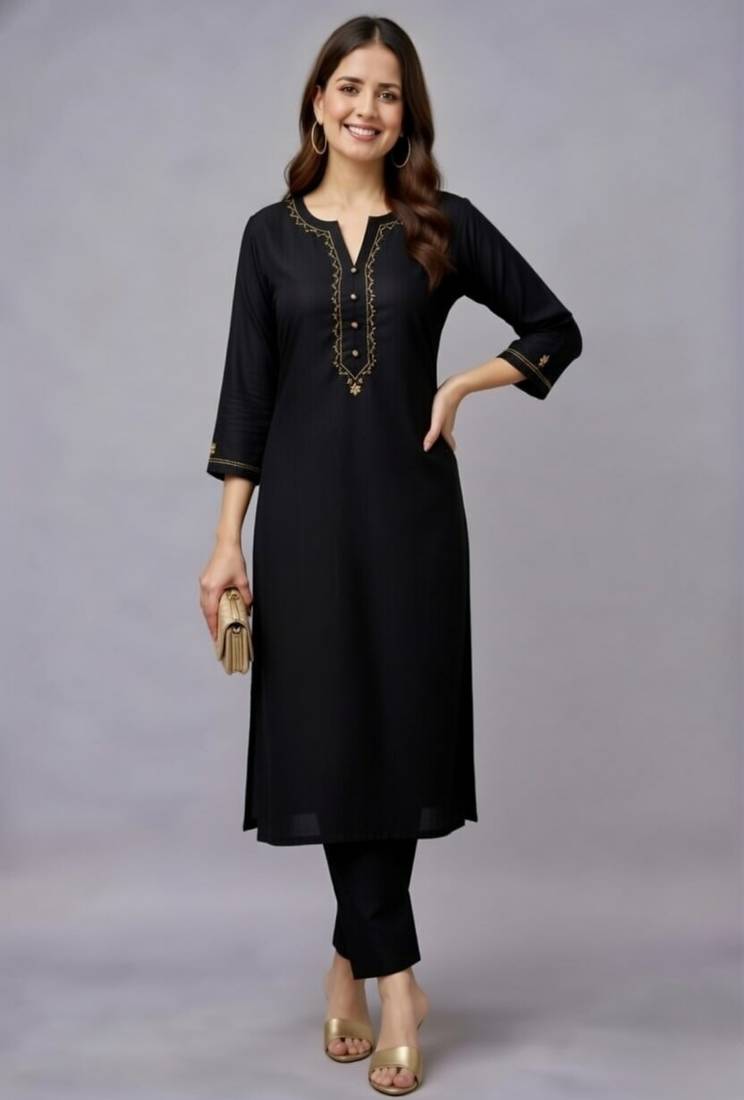 Black embroidered rayon kurta set