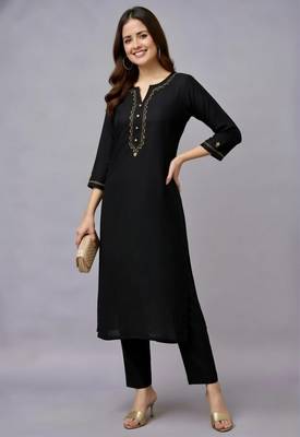Black embroidered rayon kurta set 2
