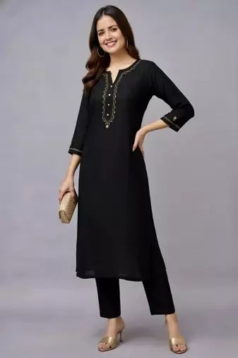 Black embroidered rayon kurta set