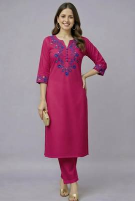 Pink embroidered rayon kurta set 1