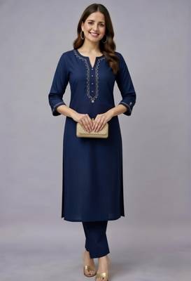Navy embroidered rayon kurta set 1