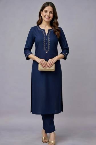 Navy embroidered rayon kurta set