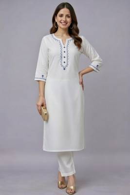 White embroidered rayon kurta set 1
