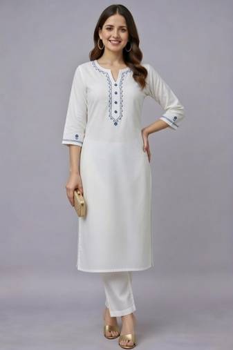 White embroidered rayon kurta set