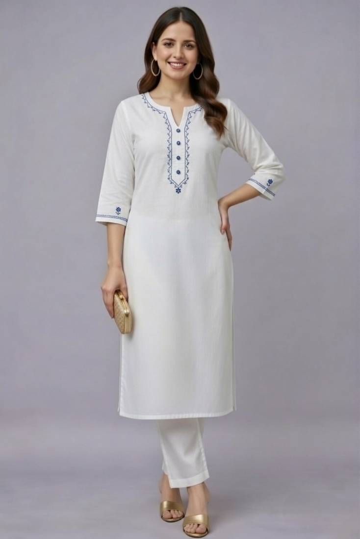 White embroidered rayon kurta set