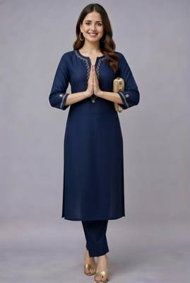 Navy embroidered rayon kurta set 2