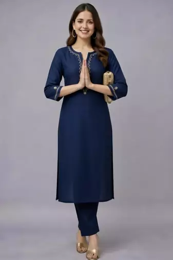 Navy embroidered rayon kurta set