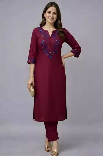 Maroon embroidered rayon kurta set