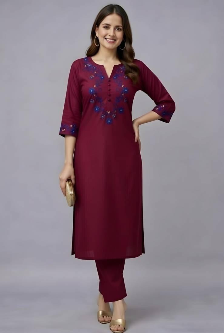 Maroon embroidered rayon kurta set