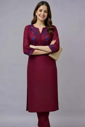 Maroon embroidered rayon kurta set