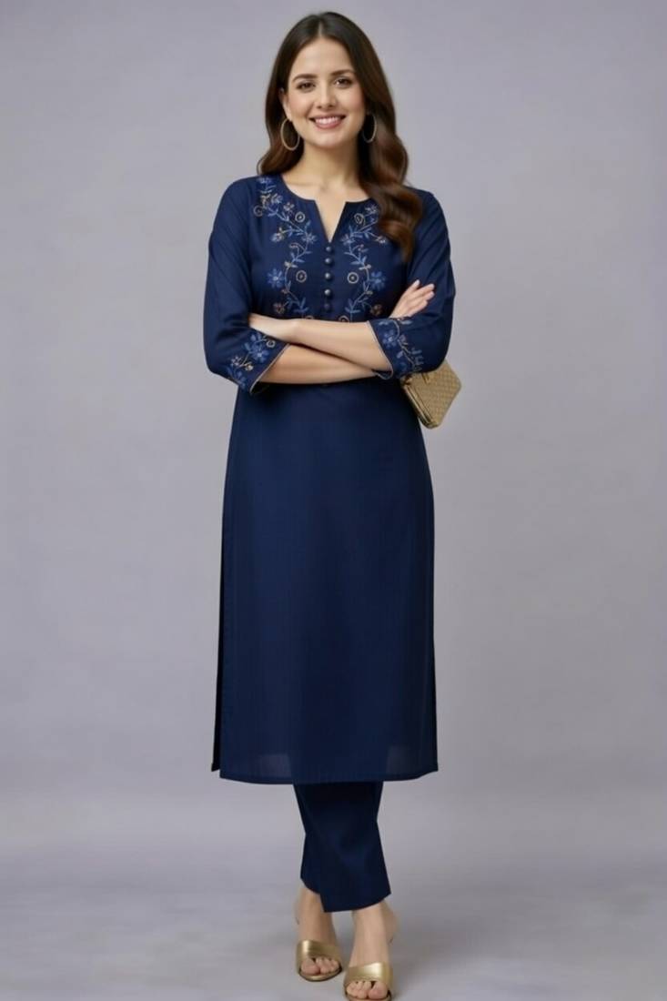 Navy embroidered rayon kurta set