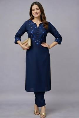 Navy embroidered rayon kurta set 2