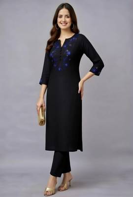 Black embroidered rayon kurta set 1