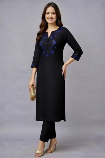 Black embroidered rayon kurta set