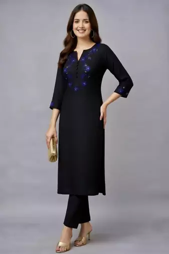 Black embroidered rayon kurta set