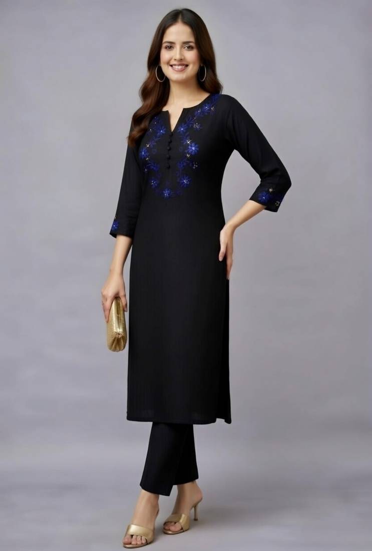 Black embroidered rayon kurta set