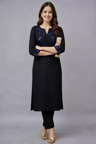 Black embroidered rayon kurta set