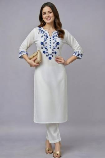 White embroidered rayon kurta set