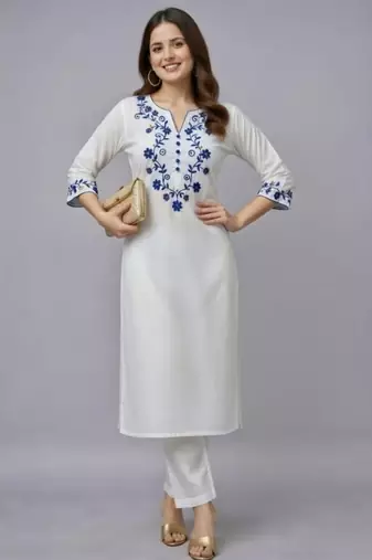 White embroidered rayon kurta set