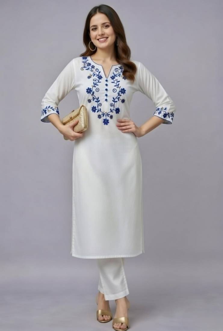 White embroidered rayon kurta set