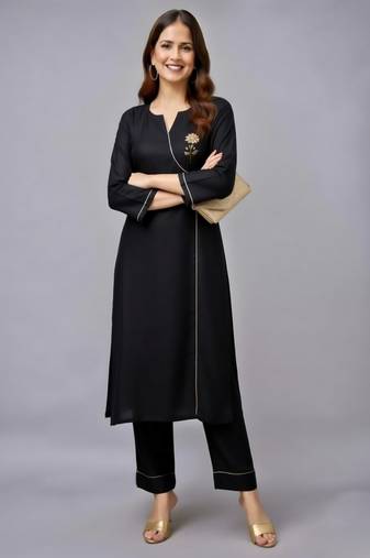 Black embroidered rayon kurta set