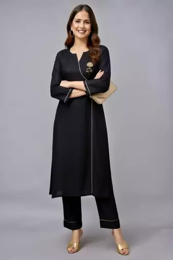 Black embroidered rayon kurta set