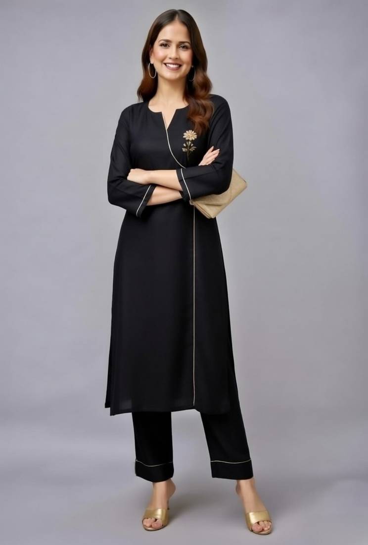 Black embroidered rayon kurta set