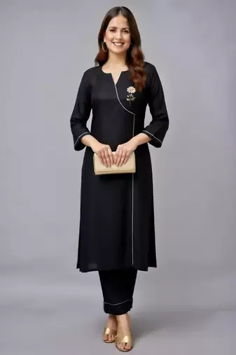 Black embroidered rayon kurta set