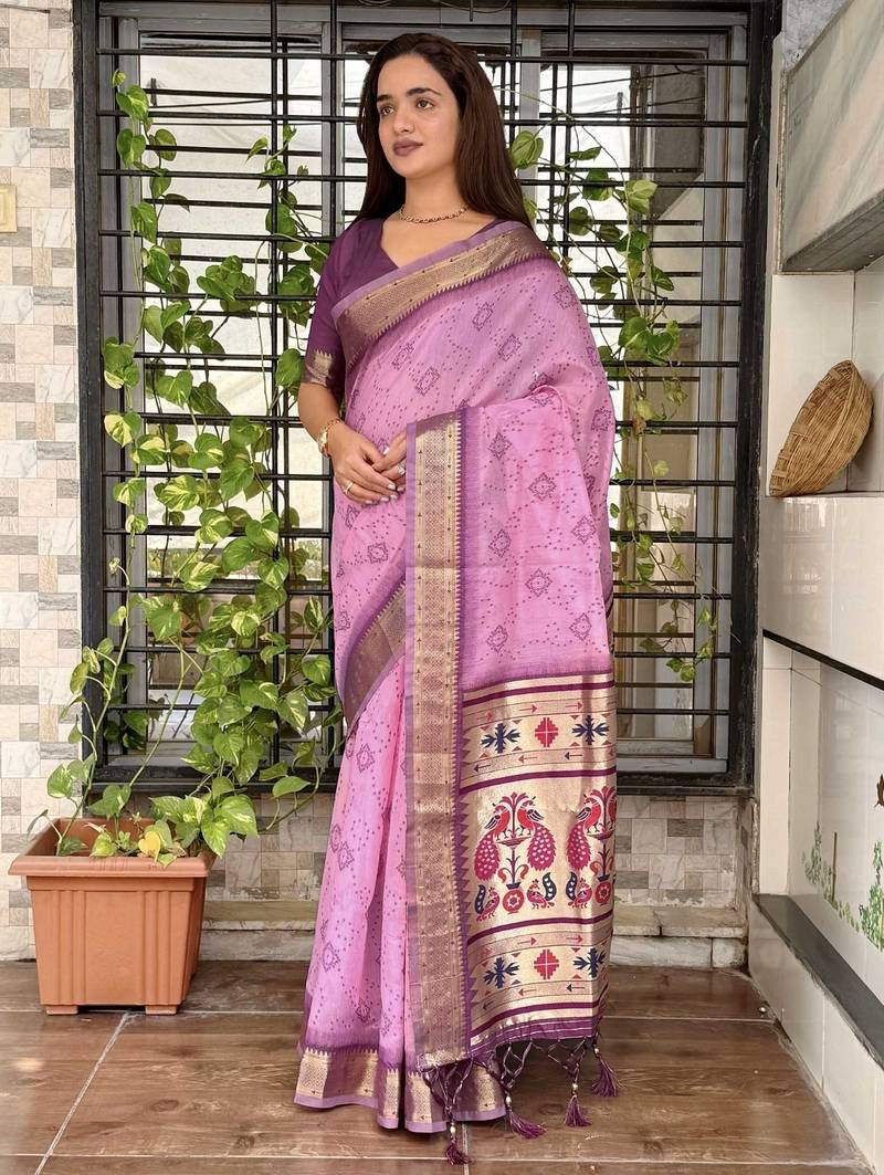 Pink cotton bandhej jacquard thread weaving saree with contrast blouse piece
