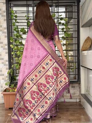 Pink cotton bandhej jacquard thread weaving saree with contrast blouse piece 2