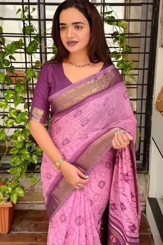 Pink cotton bandhej jacquard thread weaving saree with contrast blouse piece