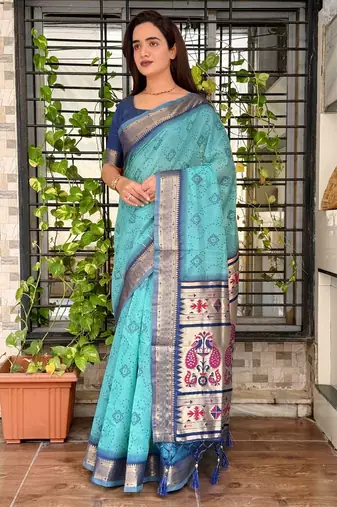 Blue cotton bandhej jacquard thread weaving saree with contrast blouse piece