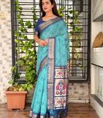 Blue cotton bandhej jacquard thread weaving saree with contrast blouse piece