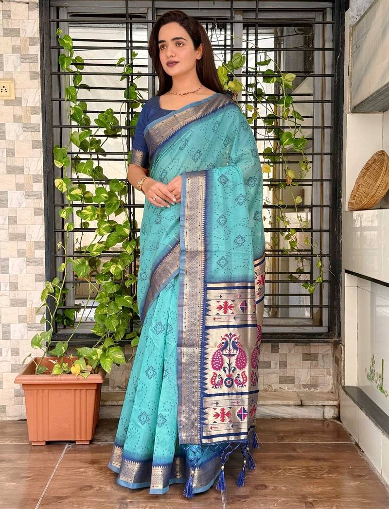 Blue cotton bandhej jacquard thread weaving saree with contrast blouse piece