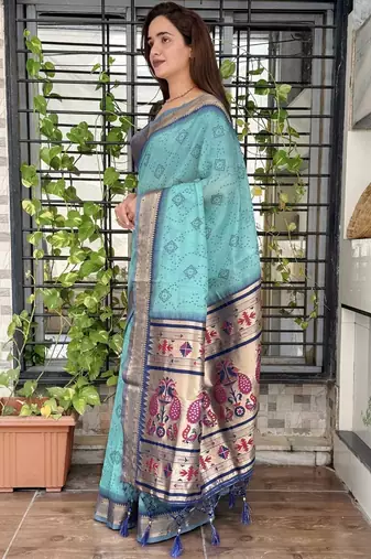 Blue cotton bandhej jacquard thread weaving saree with contrast blouse piece