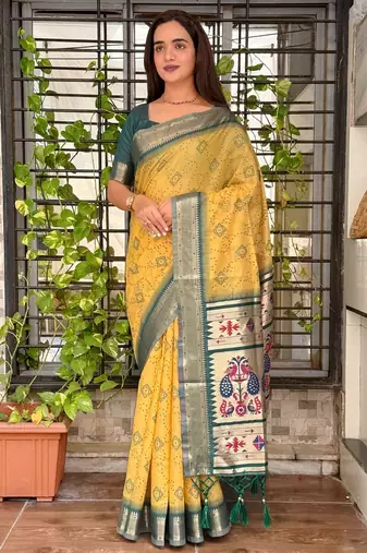 Mustard cotton bandhej jacquard thread weaving saree with contrast blouse piece