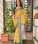 Mustard cotton bandhej jacquard thread weaving saree with contrast blouse piece