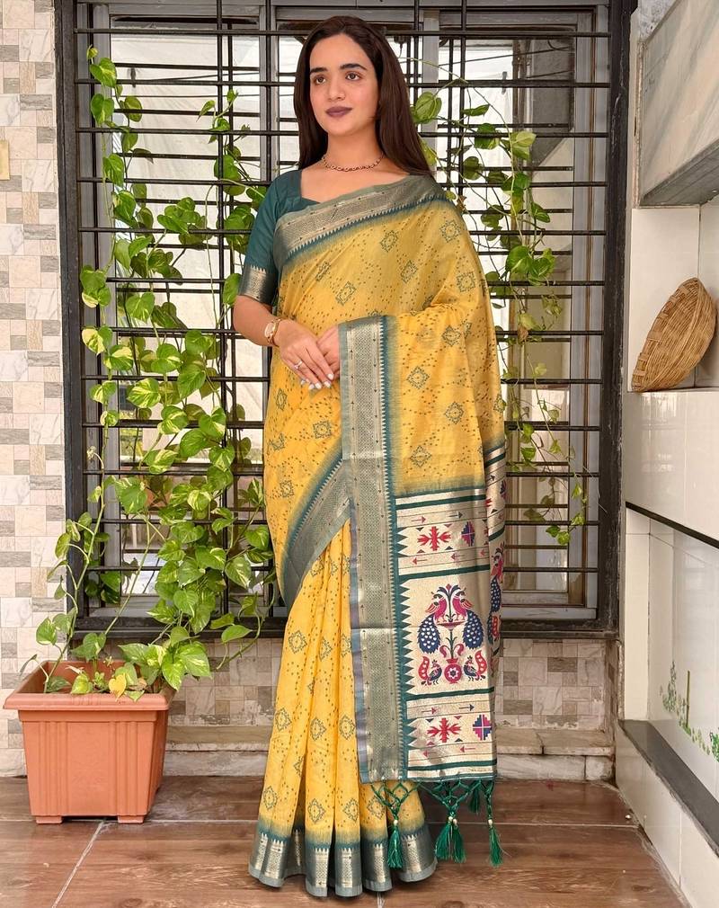 Mustard cotton bandhej jacquard thread weaving saree with contrast blouse piece
