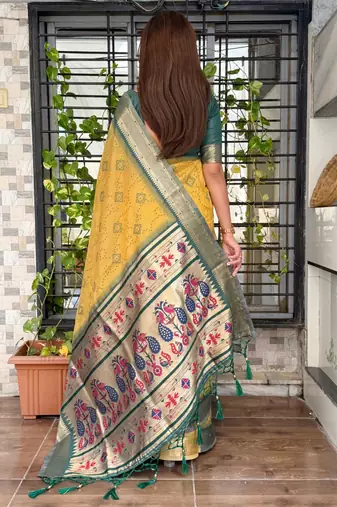 Mustard cotton bandhej jacquard thread weaving saree with contrast blouse piece