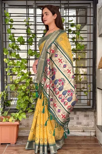 Mustard cotton bandhej jacquard thread weaving saree with contrast blouse piece