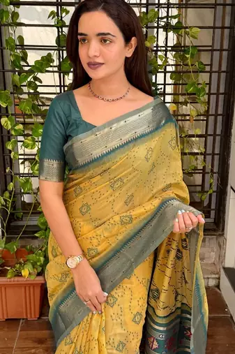 Mustard cotton bandhej jacquard thread weaving saree with contrast blouse piece
