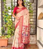 Off white cotton bandhej jacquard thread weaving saree with contrast blouse piece